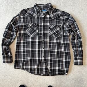 BTC Bay Trading Co Large Men's Western Plaid Pearl Snap Flannel Shirt Black Gray